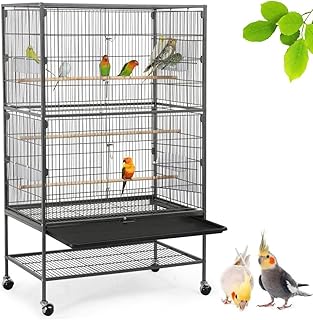 Yaheetech Vogelvoliere großer Vogelkäfig mit 2 Türen Vogelhaus mit Holzstangen und 4 Rollen mi…