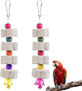 2 Stück Vogel Kauspielzeug,Vogelschnabel Mineralstein-Schleifstein mit Glocke,Papageienspielzeug…