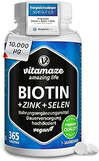 Biotin hochdosiert 10.000 mcg + Selen + Zink für Haarwuchs, Haut & Nägel, 365 vegane Tabletten …