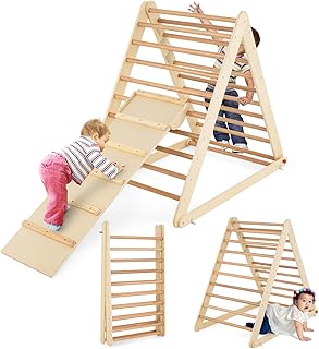 COSTWAY Kletterdreieck klappbar, Klettergerüst mit Leiter aus Holz, Sprossendreieck zur Entwickl…