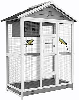 PawHut Voliere Vogelvoliere aus Holz, Vogelkäfig mit 4 Sitzstangen, Stahlgittern, 2 Türen, Voge…
