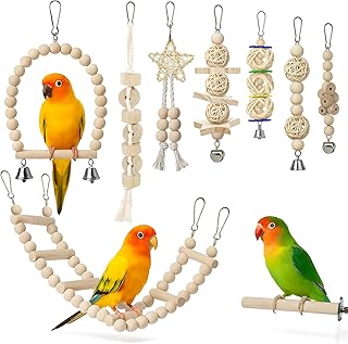 Vogelspielzeug für Wellensittiche 9-TLG.Set|Schaukel,Hängematte,Glocken & Kletterleiter|Naturho…