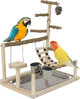 Papagei Spielplatz aus Holz, Parrot Playstand, Vogelspielplatz mit Leiter, Schaukel und Feeder-Cu…