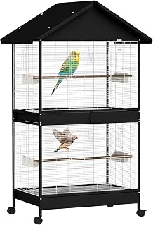 PawHut Vogelvoliere Groß Vogelkäfig mit Abnehmbar Trennwand 2 Türen 2 Holzstangen Rollen 2 Sch…