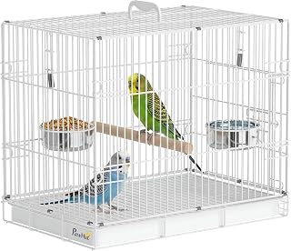 PawHut Vogelkäfig Klappbar Vogelhaus mit Holzsitzstange, 2 Futterschalen und Tragegrif Vogelvoli…