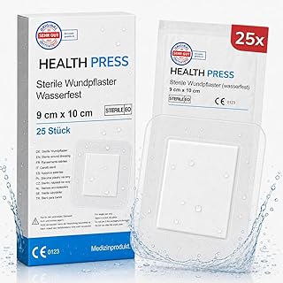 Health Press Sterile Wundpflaster wasserfest 9 x 10cm (Pflaster Set aus 25 Stück) – Steriler W…