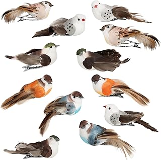 com-four® 12x Dekovogel – künstliche Vögel in 4 bunten Farben – Dekovögel mit Federn und Meta…