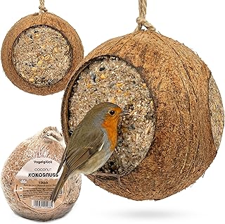Vogelglück Vogelfutter Kokosnuss gefüllt, 6 Stück, ganze Kokosnuss mit 3 Löchern Fettfutter f…