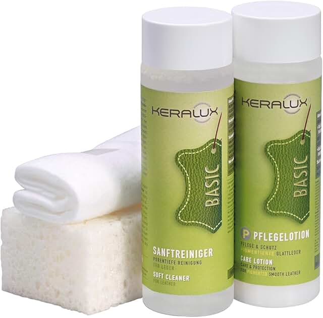 KERALUX 4-Teiliges Pflegeset P für Pigmentierte Glattleder, 200 ml Reiniger, 200 ml Pflege, Schw…