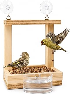 Vogelfutterhaus Holz Saugnapf Fenster Vogeltränke 70g Wildvogelfutter Garten Balkon Terrasse Han…