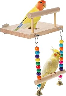 Wellensittich Spielzeug, Schaukel Holz Vogel, Sitzstangen für Vögel mit Schaukel, Papagei Holzp…