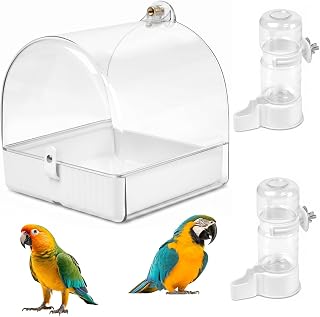 Vogelbad Käfig mit Schublade für Wellensittich, 2 Wasserspender 140ml | 18,9×17,9x17cm Vogelbad…