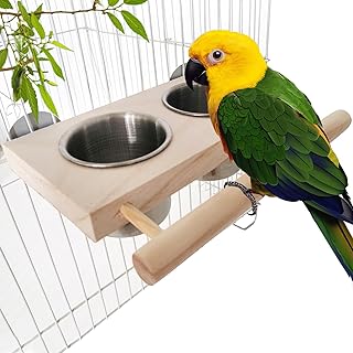 Vogelfutternapf Edelstahl mit Holz Sitzstange, Doppel Futterschale | für Papageien, Wellensittic…