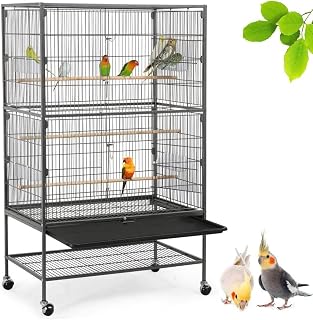 Yaheetech Vogelvoliere großer Vogelkäfig mit 2 Türen Vogelhaus mit Holzstangen und 4 Rollen mi…